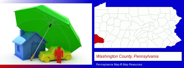 types of insurance; Washington County, Pennsylvania highlighted in red on a map