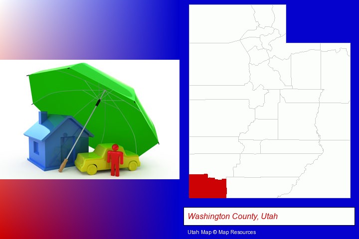 types of insurance; Washington County, Utah highlighted in red on a map
