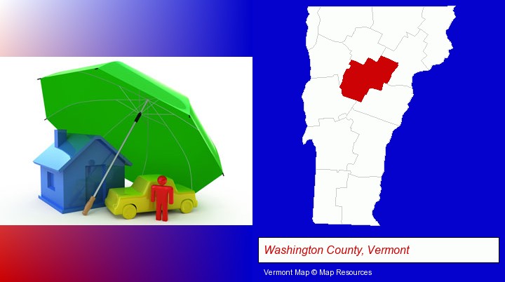 types of insurance; Washington County, Vermont highlighted in red on a map