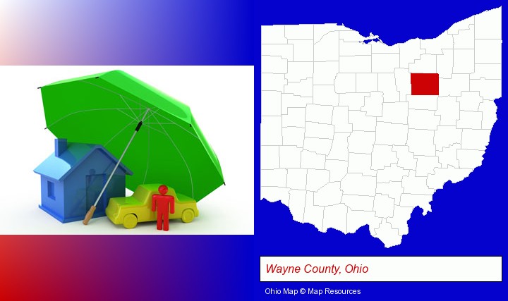 types of insurance; Wayne County, Ohio highlighted in red on a map