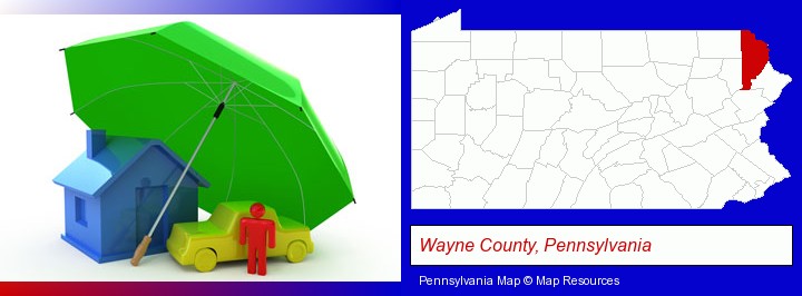 types of insurance; Wayne County, Pennsylvania highlighted in red on a map