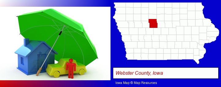 types of insurance; Webster County, Iowa highlighted in red on a map