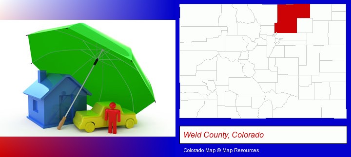 types of insurance; Weld County, Colorado highlighted in red on a map