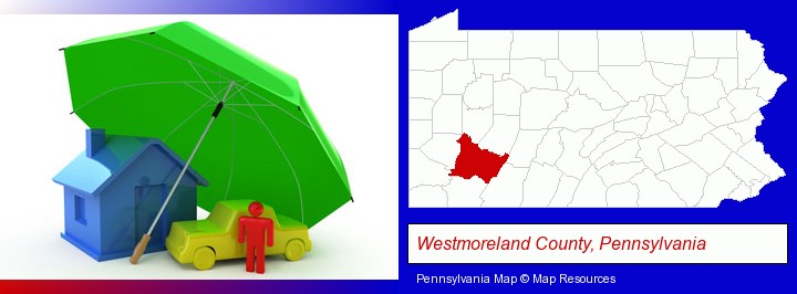 types of insurance; Westmoreland County, Pennsylvania highlighted in red on a map