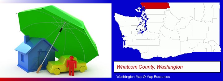 types of insurance; Whatcom County, Washington highlighted in red on a map