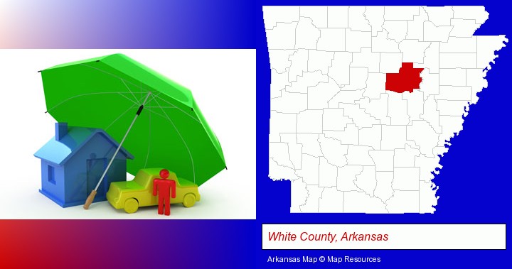 types of insurance; White County, Arkansas highlighted in red on a map