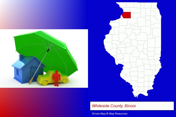 types of insurance; Whiteside County, Illinois highlighted in red on a map