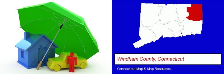 types of insurance; Windham County, Connecticut highlighted in red on a map