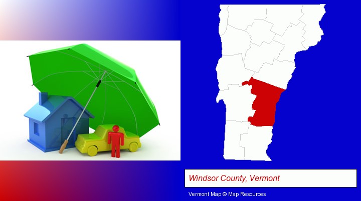 types of insurance; Windsor County, Vermont highlighted in red on a map