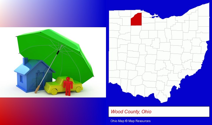 types of insurance; Wood County, Ohio highlighted in red on a map