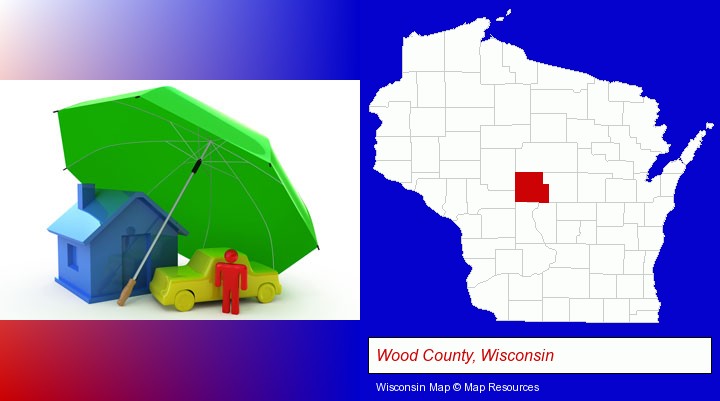 types of insurance; Wood County, Wisconsin highlighted in red on a map