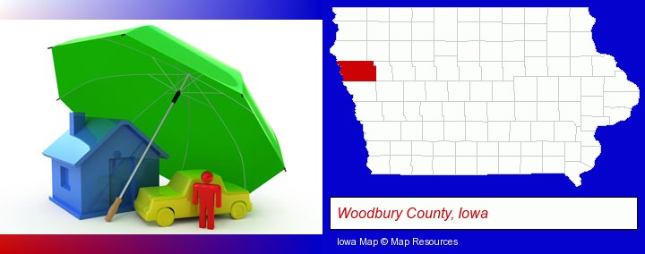 types of insurance; Woodbury County, Iowa highlighted in red on a map