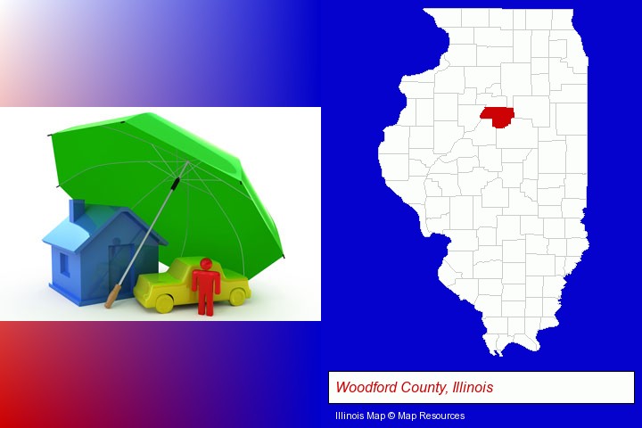 types of insurance; Woodford County, Illinois highlighted in red on a map