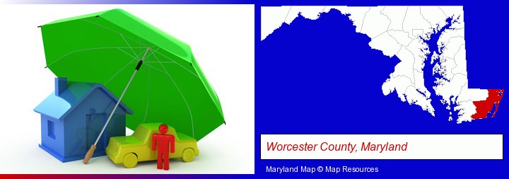 types of insurance; Worcester County, Maryland highlighted in red on a map