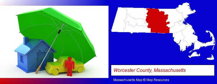 types of insurance; Worcester County, Massachusetts highlighted in red on a map
