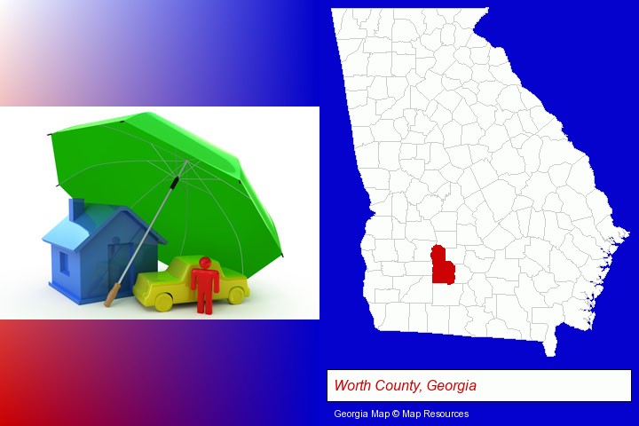 types of insurance; Worth County, Georgia highlighted in red on a map