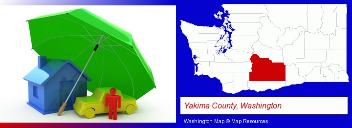 types of insurance; Yakima County, Washington highlighted in red on a map