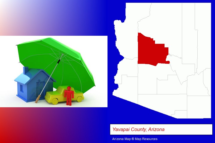types of insurance; Yavapai County, Arizona highlighted in red on a map