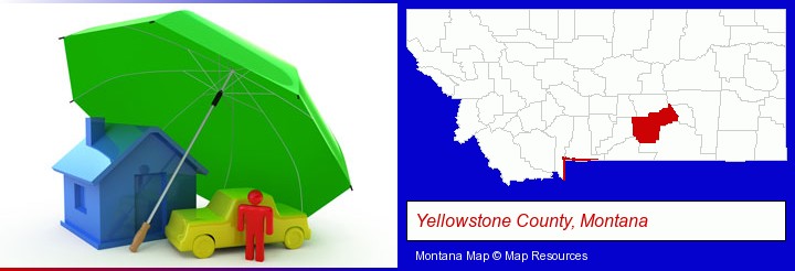 types of insurance; Yellowstone County, Montana highlighted in red on a map