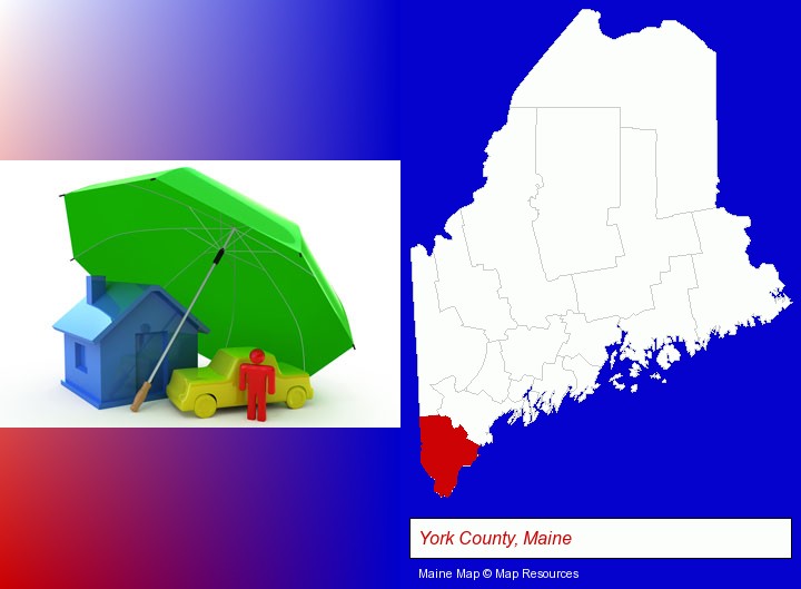 types of insurance; York County, Maine highlighted in red on a map