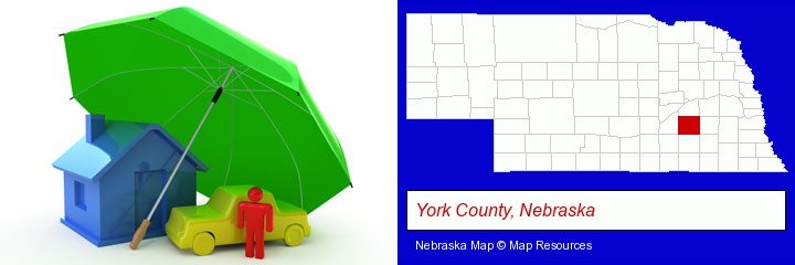 types of insurance; York County, Nebraska highlighted in red on a map