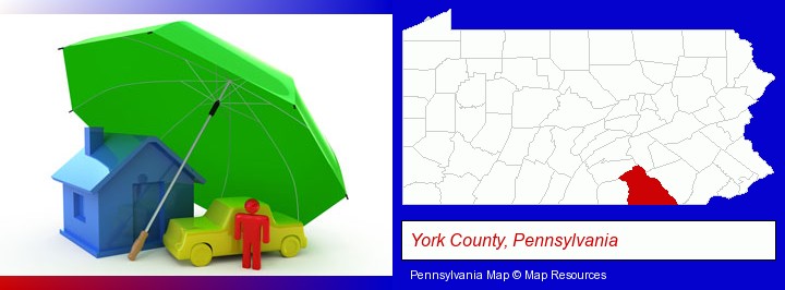 types of insurance; York County, Pennsylvania highlighted in red on a map