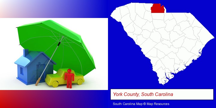 types of insurance; York County, South Carolina highlighted in red on a map
