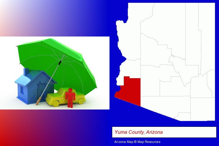 types of insurance; Yuma County, Arizona highlighted in red on a map