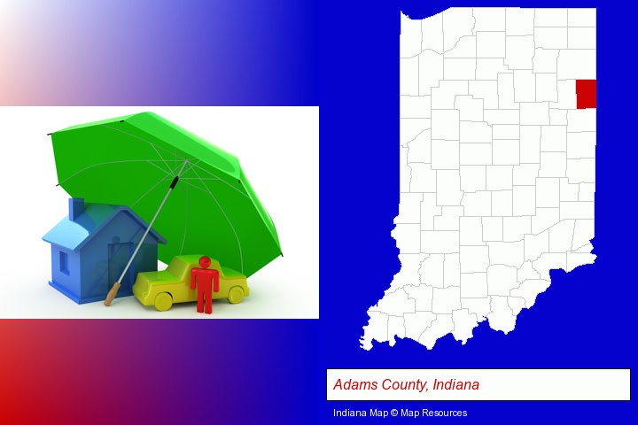 types of insurance; Adams County, Indiana highlighted in red on a map