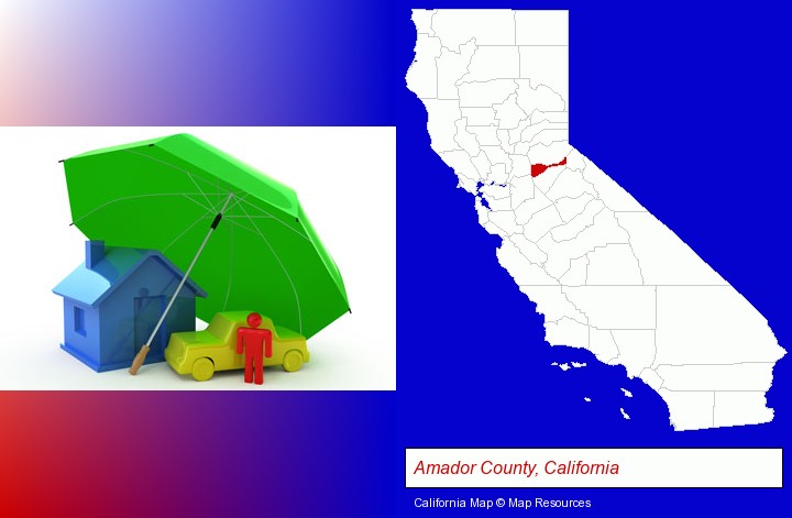 types of insurance; Amador County, California highlighted in red on a map