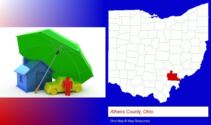 types of insurance; Athens County, Ohio highlighted in red on a map