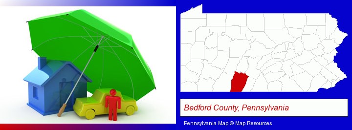 types of insurance; Bedford County, Pennsylvania highlighted in red on a map