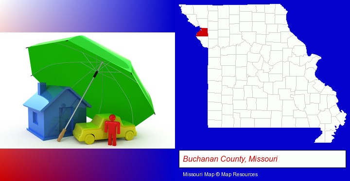 types of insurance; Buchanan County, Missouri highlighted in red on a map