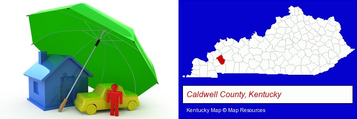 types of insurance; Caldwell County, Kentucky highlighted in red on a map