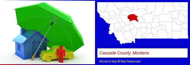 types of insurance; Cascade County, Montana highlighted in red on a map