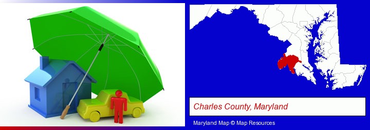 types of insurance; Charles County, Maryland highlighted in red on a map