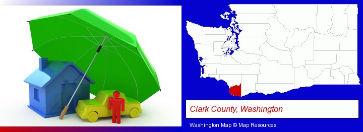 types of insurance; Clark County, Washington highlighted in red on a map