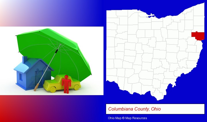 types of insurance; Columbiana County, Ohio highlighted in red on a map