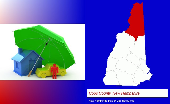 types of insurance; Coos County, New Hampshire highlighted in red on a map