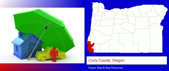 types of insurance; Curry County, Oregon highlighted in red on a map