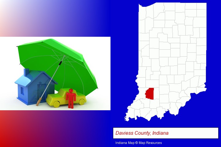 types of insurance; Daviess County, Indiana highlighted in red on a map