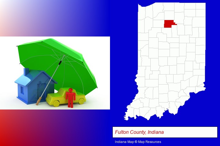 types of insurance; Fulton County, Indiana highlighted in red on a map