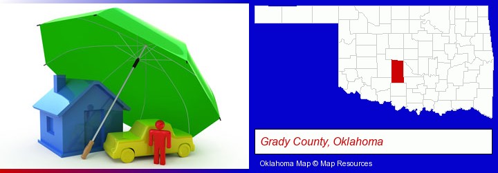 types of insurance; Grady County, Oklahoma highlighted in red on a map