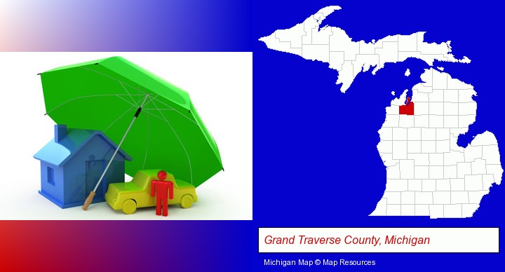 types of insurance; Grand Traverse County, Michigan highlighted in red on a map