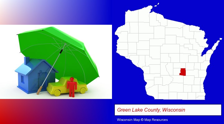 types of insurance; Green Lake County, Wisconsin highlighted in red on a map