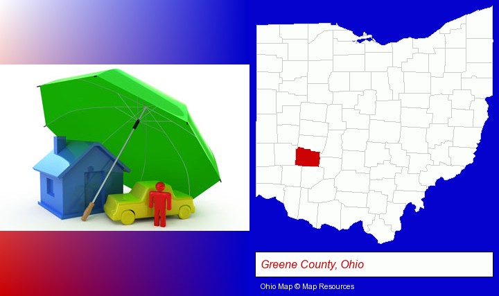 types of insurance; Greene County, Ohio highlighted in red on a map