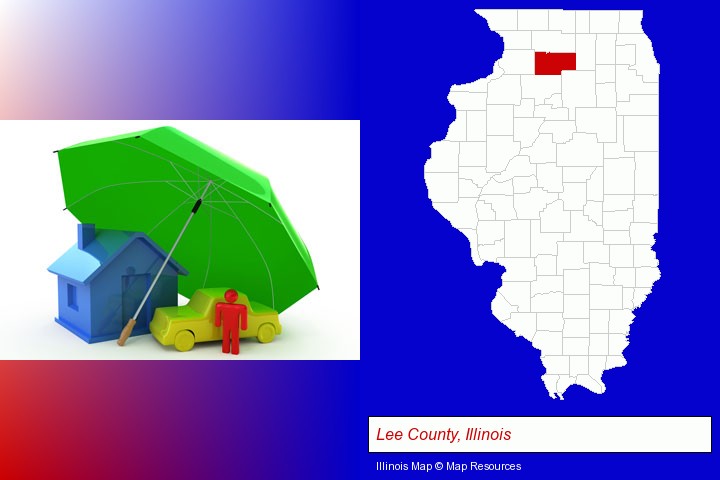 types of insurance; Lee County, Illinois highlighted in red on a map