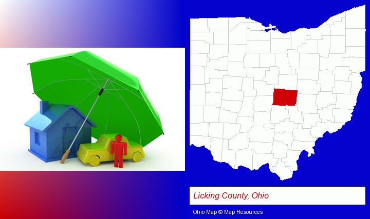 types of insurance; Licking County, Ohio highlighted in red on a map