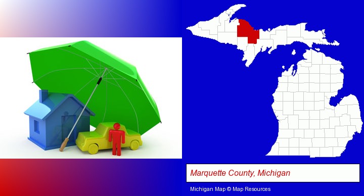 types of insurance; Marquette County, Michigan highlighted in red on a map