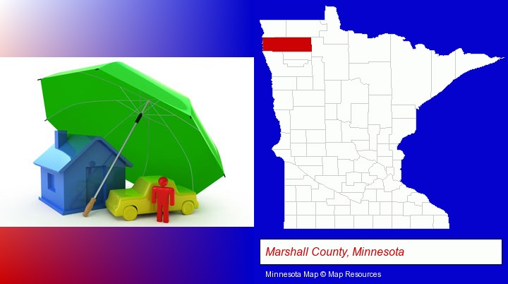 types of insurance; Marshall County, Minnesota highlighted in red on a map